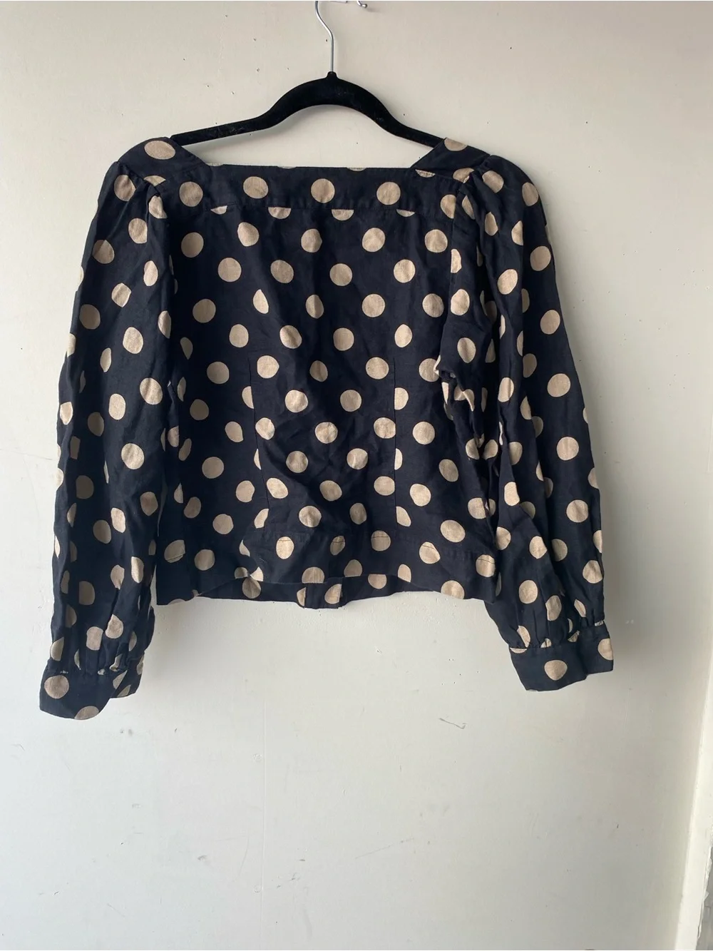J.Crew Black Tan Polka Dot Square Neck Linen Puff Sleeve Blouse Top XS